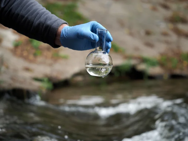 Water sample. Gloved hand collects water in the retort. Analysis of water purity, environment, ecology - concept. Water testing for infections, harmful emissions