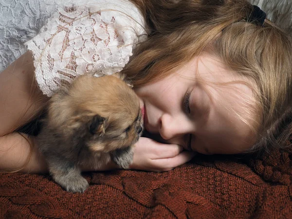 The girl fell asleep hugging the puppy