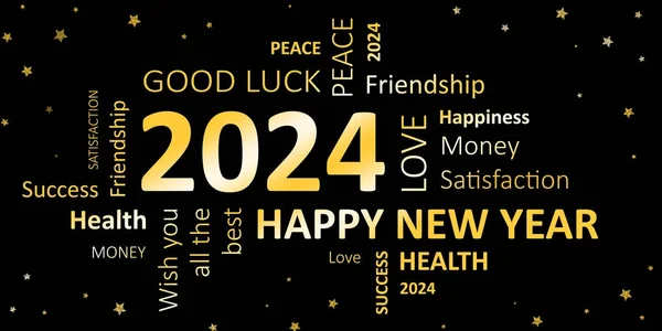 नए साल कार्ड हैप्पी न्यू ईयर 2024 और इच्छाओं — स्टॉक फ़ोटो, इमेज