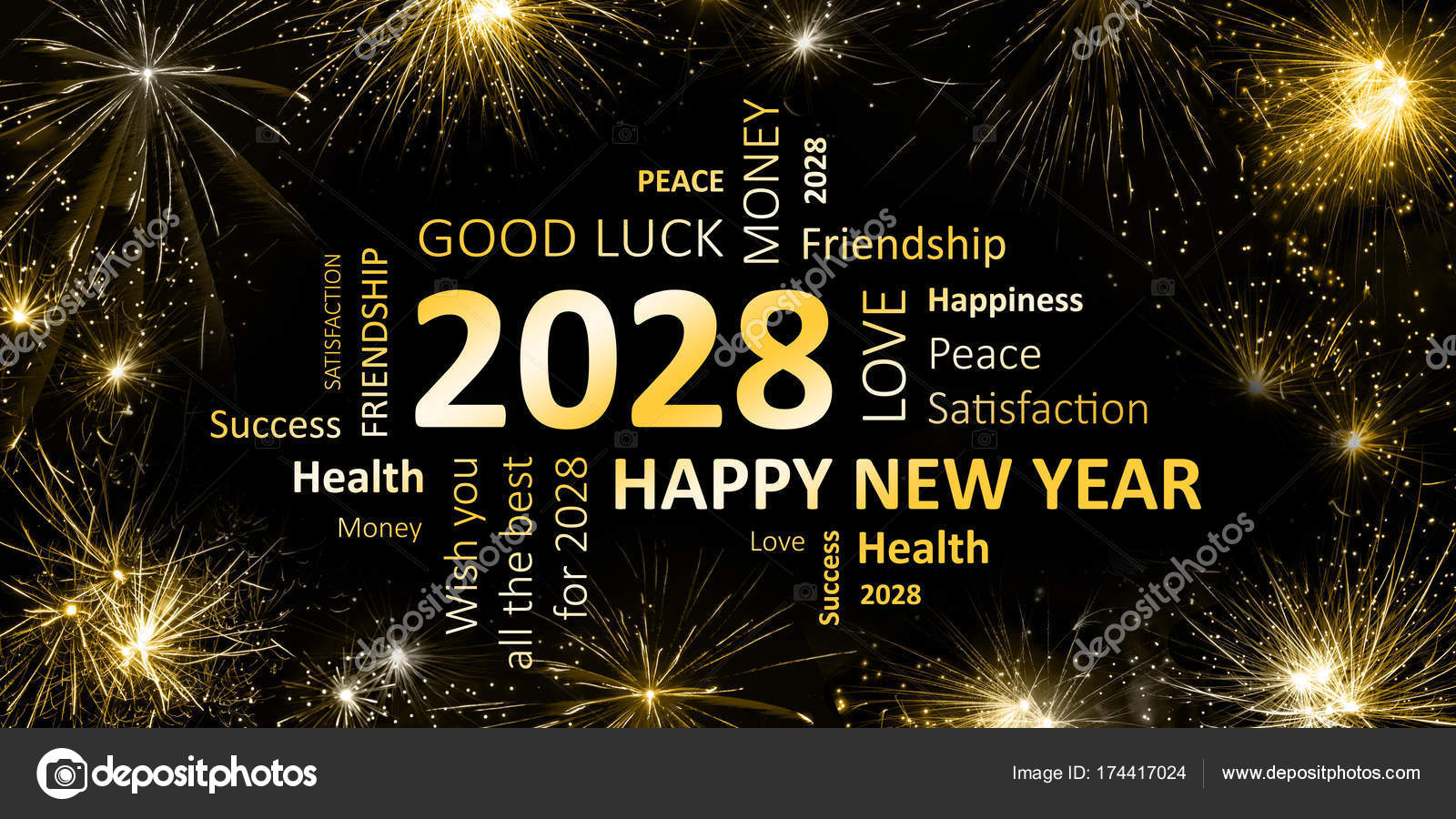 New year's day 2023 and 2024 Nieuwe jaar kaart Happy new year 2028 en wensen — Stockfoto © JNaether #174417024