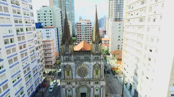 Ancient Catholic Church Surrounded Large Buildings Big City — Stock Video