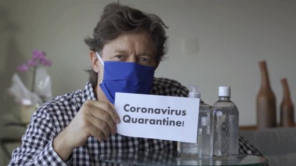 Slogan Quarantine Mature Man Stands Front Camera Sign Saying Quarantine — Stock Video