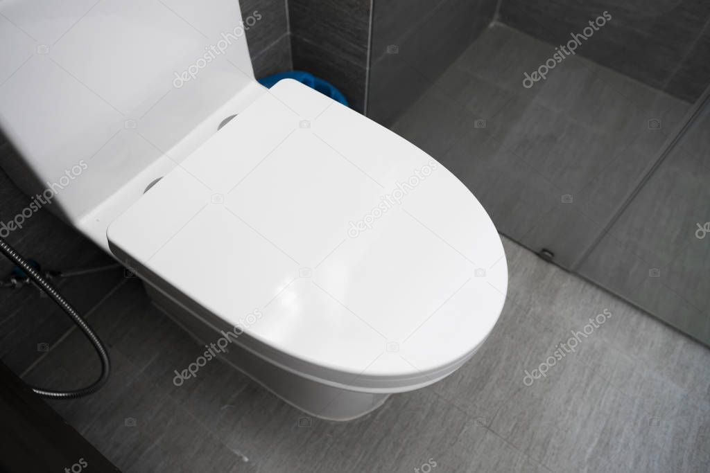 White toilet in modern home. White toilet bowl in bathroom.