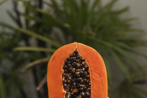 De helft van rijpe papaya met zaden met een groene plant op de achtergrond. Snijdt zoete papaja. Halve papaja 's. Gezonde exotische vruchten. Vegetarisch voedsel. — Stockfoto
