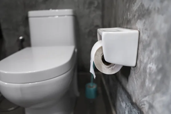 Asiento de inodoro colgante blanco en inodoro blanco en el baño de la casa con azulejos grises en estilo concreto y papel higiénico en la pared. Baño interior de lujo . — Foto de Stock