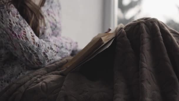 La atractiva jovencita está leyendo un libro sentado en el alféizar de la ventana de la casa. Ventana grande, plantas verdes . — Vídeos de Stock