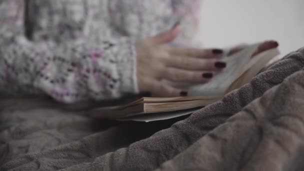 La atractiva jovencita está leyendo un libro sentado en el alféizar de la ventana de la casa. Ventana grande, plantas verdes . — Vídeos de Stock