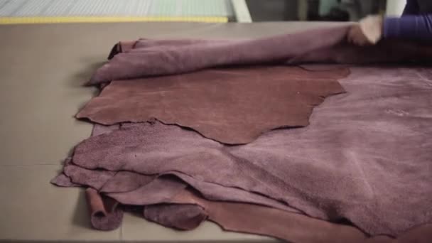 Brown pieces of leather in a rolls. Raw materials for manufacture of bags, shoes, clothing and accessories. — Stock Video