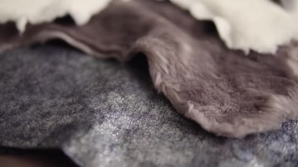 Στερεά κομμάτια γούνας διαφόρων χρωμάτων για χρήση στο ράψιμο ζεστά και άνετα παπούτσια σε ένα εργοστάσιο υποδημάτων. — Αρχείο Βίντεο