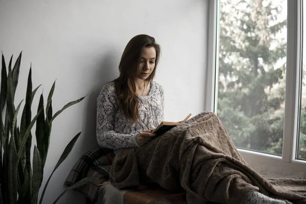 Привлекательная юная леди читает книгу, сидя дома на подоконнике. Большие окна, зеленые растения . — стоковое фото