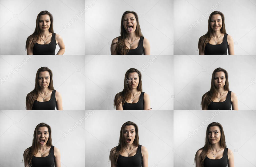 Set of young womans portraits with different emotions. Young beautiful cute girl showing different emotions. Laughing, smiling, anger, suspicion, fear, surprise.