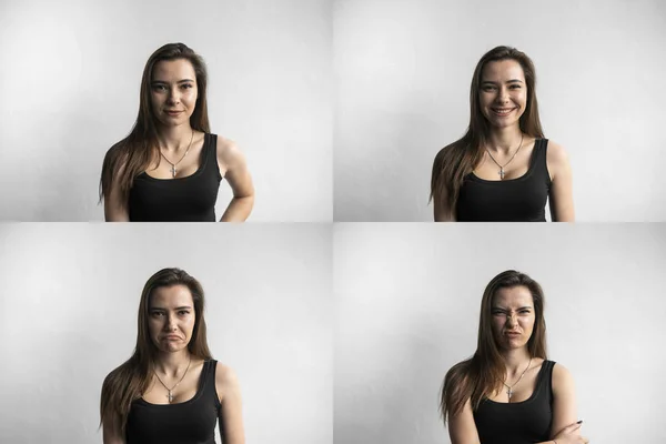 Set of young womans portraits with different emotions. Young beautiful cute girl showing different emotions. Laughing, smiling, anger, suspicion, fear, surprise. — Stock Photo, Image