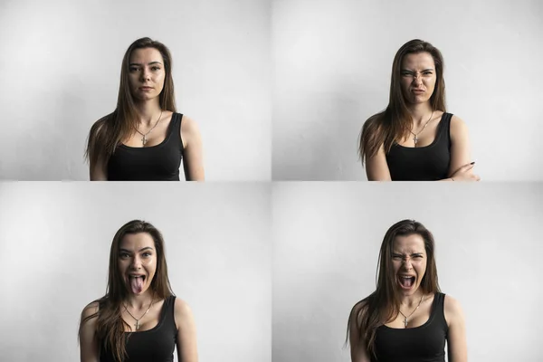 Set of young womans portraits with different emotions. Young beautiful cute girl showing different emotions. Laughing, smiling, anger, suspicion, fear, surprise. — Stock Photo, Image