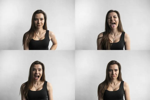 Set of young womans portraits with different emotions. Young beautiful cute girl showing different emotions. Laughing, smiling, anger, suspicion, fear, surprise. — Stock Photo, Image