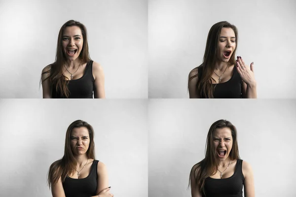 Serie di ritratti di giovani donne con emozioni diverse. Giovane bella ragazza carina mostrando diverse emozioni. Sorridere, sorridere, rabbia, sospetto, paura, sorpresa . — Foto Stock