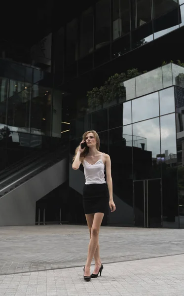 Mulher de negócios está falando ao telefone com um parceiro de negócios com uma enorme janela de um grande edifício no fundo . — Fotografia de Stock