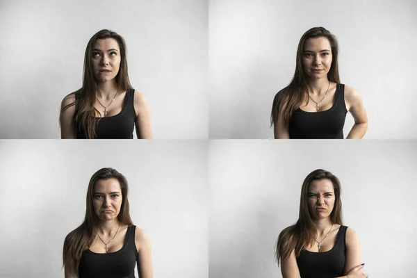 Eine Reihe junger Frauenporträts mit unterschiedlichen Emotionen. Junge schöne süße Mädchen, die andere Emotionen zeigen. Lachen, Lächeln, Wut, Misstrauen, Angst, Überraschung. — Stockfoto