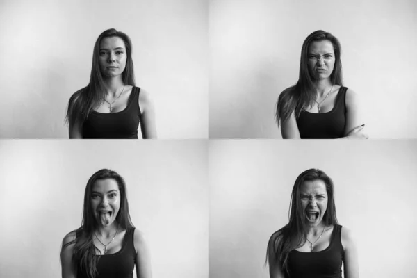 Набір чорно-білих фотографій молодих жінок портрети з різними емоціями. Молода красива мила дівчина демонструє різні емоції. Сміється, посміхається, гнів, підозри, страх, несподіванка . — стокове фото