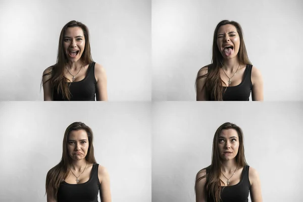 Set of young womans portraits with different emotions. Young beautiful cute girl showing different emotions. Laughing, smiling, anger, suspicion, fear, surprise. — Stock Photo, Image