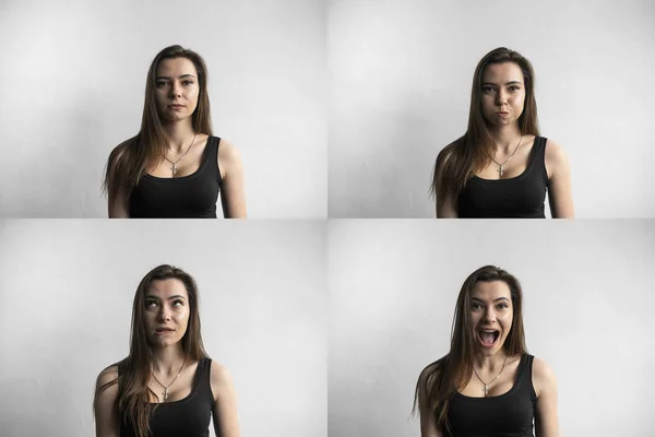 Set of young womans portraits with different emotions. Young beautiful cute girl showing different emotions. Laughing, smiling, anger, suspicion, fear, surprise. — Stock Photo, Image