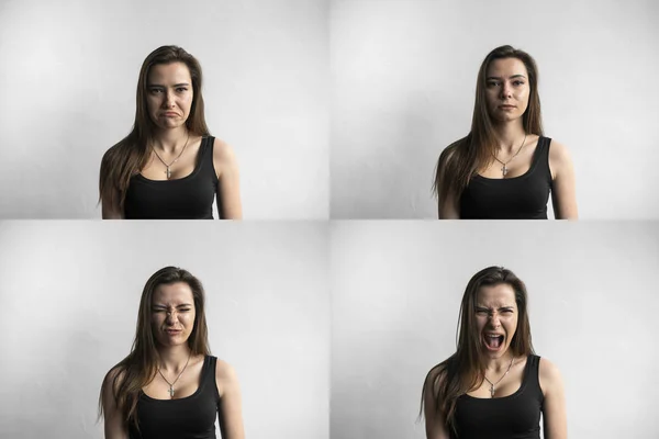 Set of young womans portraits with different emotions. Young beautiful cute girl showing different emotions. Laughing, smiling, anger, suspicion, fear, surprise. — Stock Photo, Image