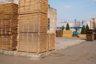 Dışarıdaki bir kereste fabrikasının tahtalarını kesmek için depo. Kereste fabrikası, kereste fabrikası. Planlı ahşap tahtaların deposu. Kereste fabrikasındaki tahta yığınları. Planking. Sanayi.
