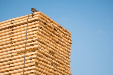 Dışarıdaki bir kereste fabrikasının tahtalarını kesmek için depo. Kereste fabrikası, kereste fabrikası. Planlı ahşap tahtaların deposu. Kereste fabrikasındaki tahta yığınları. Planking. Sanayi.