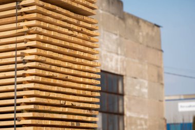 Dışarıdaki bir kereste fabrikasının tahtalarını kesmek için depo. Kereste fabrikası, kereste fabrikası. Planlı ahşap tahtaların deposu. Kereste fabrikasındaki tahta yığınları. Planking. Sanayi.