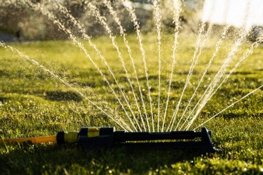 Çim püskürtücü yeşil çimlerin üzerine su püskürtüyor. Modern sulama aracı bahçe çimleri. Sulama sistemi. Bahçede sulama tekniği. Çimleri fıskiyeyle suluyorum..