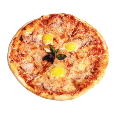     Fesleğen, domuz pastırması ve tavuk yumurtalı pizza. Üst Manzara. Beyazda izole edilmiş