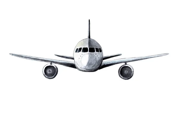 Samolot Niebie Leci Kamery Akwarela Ilustracja Latający Samolot Niebie Samolot — Zdjęcie stockowe