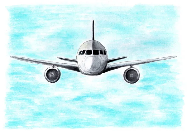 The plane in the sky flies to the camera. Watercolor illustration.A flying plane in the sky. The plane flies directly to the camera. Drawing for visits, calendars, printing.
