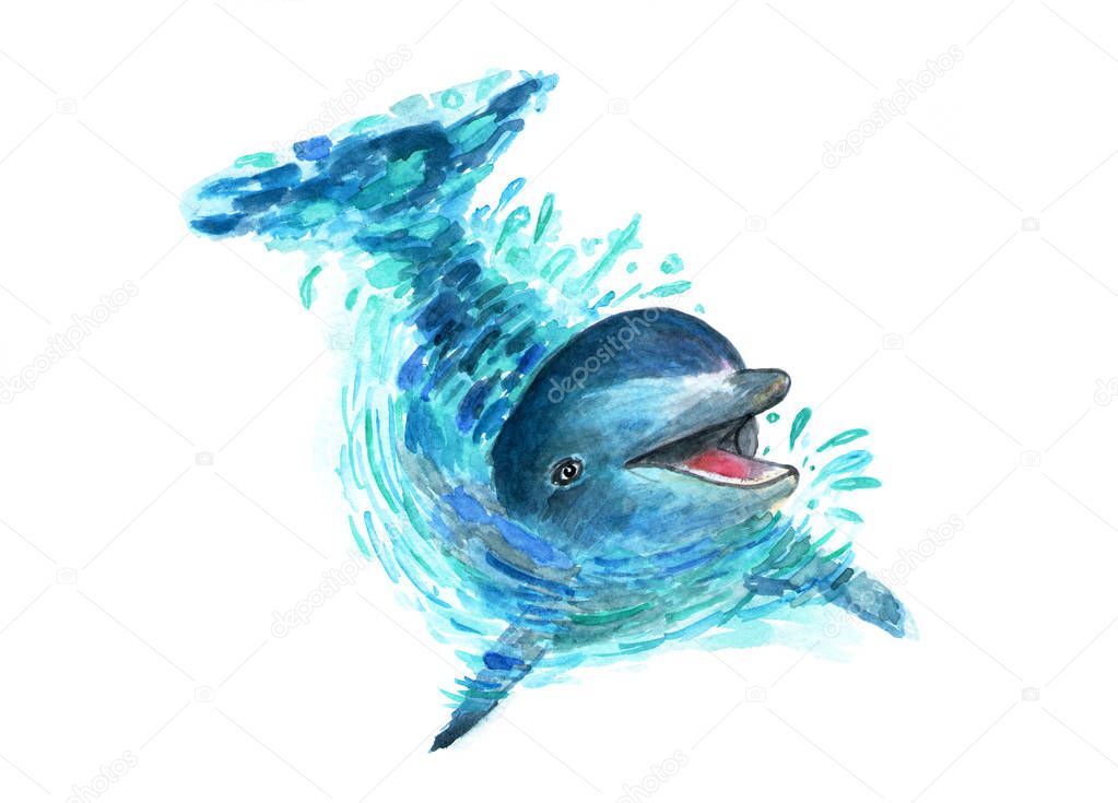 The dolphin splashes in the water. Watercolor art.A fun dolphin is played in the water. Splashes fly in all directions. Fashionable illustration.