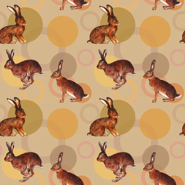 Pattern with hares. Watercolor illustration. Fashionable seamless pattern with wild hares on a sand background. Illustration for printing on dresses, fabrics, tablecloths, handkerchiefs, packaging paper, and animal magazines.