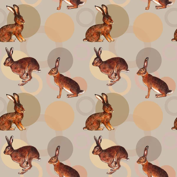 Pattern with hares. Watercolor illustration. Fashionable seamless pattern with wild hares on a gray background. Illustration for printing on dresses, fabrics, tablecloths, handkerchiefs, packaging paper, and animal magazines.