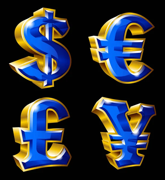 Principali simboli della valuta vettoriale isolati su sfondo nero — Vettoriale Stock