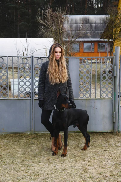 Retrato Bela Jovem Com Seu Cão Doberman Cor Natural Quente — Fotografia de Stock