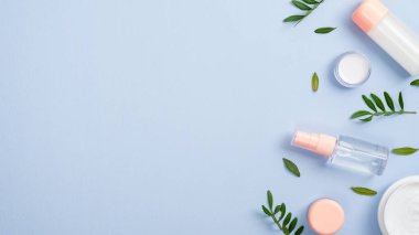 Pastel mavi arka planda organik yüz kozmetik ürünleri ve yeşil yapraklar. Doğal güzellik ürünü konsepti. En düşük düz konum biçimi bileşimi, en üst görünüm, kopyalama alanı.