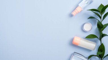 Üst görünüm organik yüz kozmetik ürünleri ve pastel mavi arka planda yeşil yapraklar. Doğal güzellik ürünü konsepti. En düşük düz konum biçimi bileşimi, en üst görünüm, kopyalama alanı