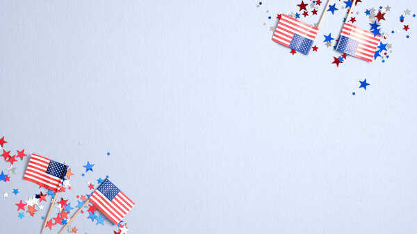 Presidents Day or Independence Day USA concept. American flags and confetti stars on blue background. Flat lay, top view.