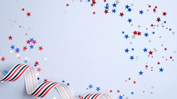 Onafhankelijkheidsdag Usa banner mockup met confetti en lint. Usa Presidenten Dag, Amerikaanse Arbeid dag, Memorial Day, Ons verkiezingsconcept. — Stockfoto