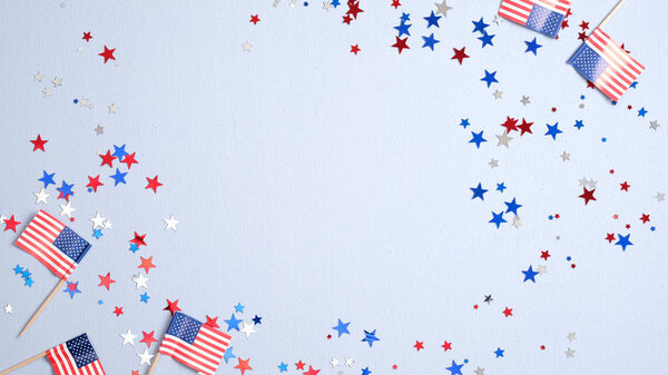 С Днем Президента макет баннера с американскими флагами и конфетти. День независимости США, День труда, День памяти, Концепция выборов в США
.