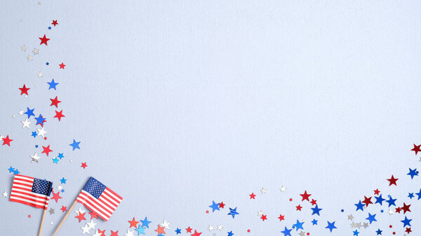 Happy Presidents Day banner mockup with American flags and confetti. USA Independence Day, American Labor day, Memorial Day, US election concept.