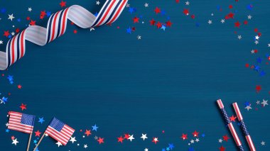 Happy 4th of July, Independence Day greeting card horizontal banner. Happy July Fourth concept. Grosgrain ribbon, American flags, drinking straws and confetti star on blue background. clipart