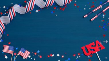 Amerikan bayraklı, brüt şeritli, Usa imzalı ve konfeti yıldızlı Mutlu Başkanlar Günü afişleri. Başkanlar Günü 'nün poster şablonu. Usa Bağımsızlık Günü veya Cumhurbaşkanları Günü konsepti