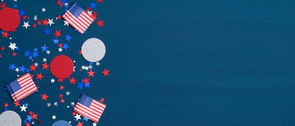 Happy Presidents Day USA concept. American flags and confetti stars on blue background. Wide banner template for USA Independence day or Memorial Day.