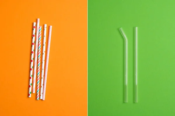 Comparison concept. Reusable Eco Friendly Glass Drinking Straws vs Colorful Disposable Plastic Straws. No plastic, Zero Waste, Sustainable Lifestyle. Choice Plastic Free Items — Stock Photo, Image