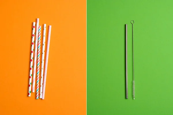 Comparison concept. Metal Straws Stainless Steel, Reusable Drinking Straw with Cleaning Brush vs Colorful Disposable Plastic Straws. No Plastic, Zero Waste, Sustainable Lifestyle — Stock Photo, Image