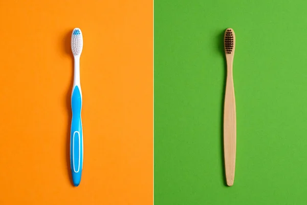 Plastic Toothbrush vs Eco-Friendly Bamboo Toothbrush. Comparison concept. No plastic, Zero Waste, Sustainable Lifestyle. Choice Plastic Free Oral Health Care Items — 스톡 사진