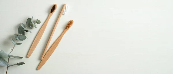 Eco-friendly bamboo toothbrushes and eucalyptus leaf on green background. Natural organic bathroom beauty product concept. Flat lay, top view, copy space — 스톡 사진